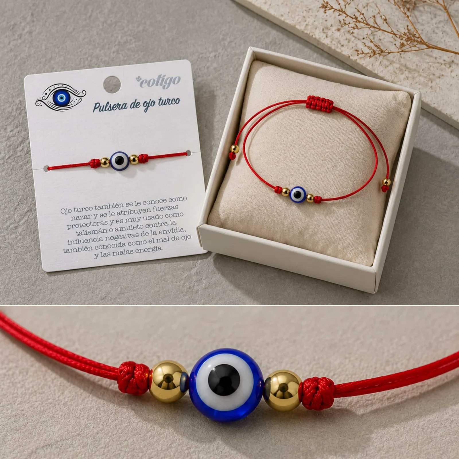 PULSERA HILO ENCERADO ROJO-OJO TURCO