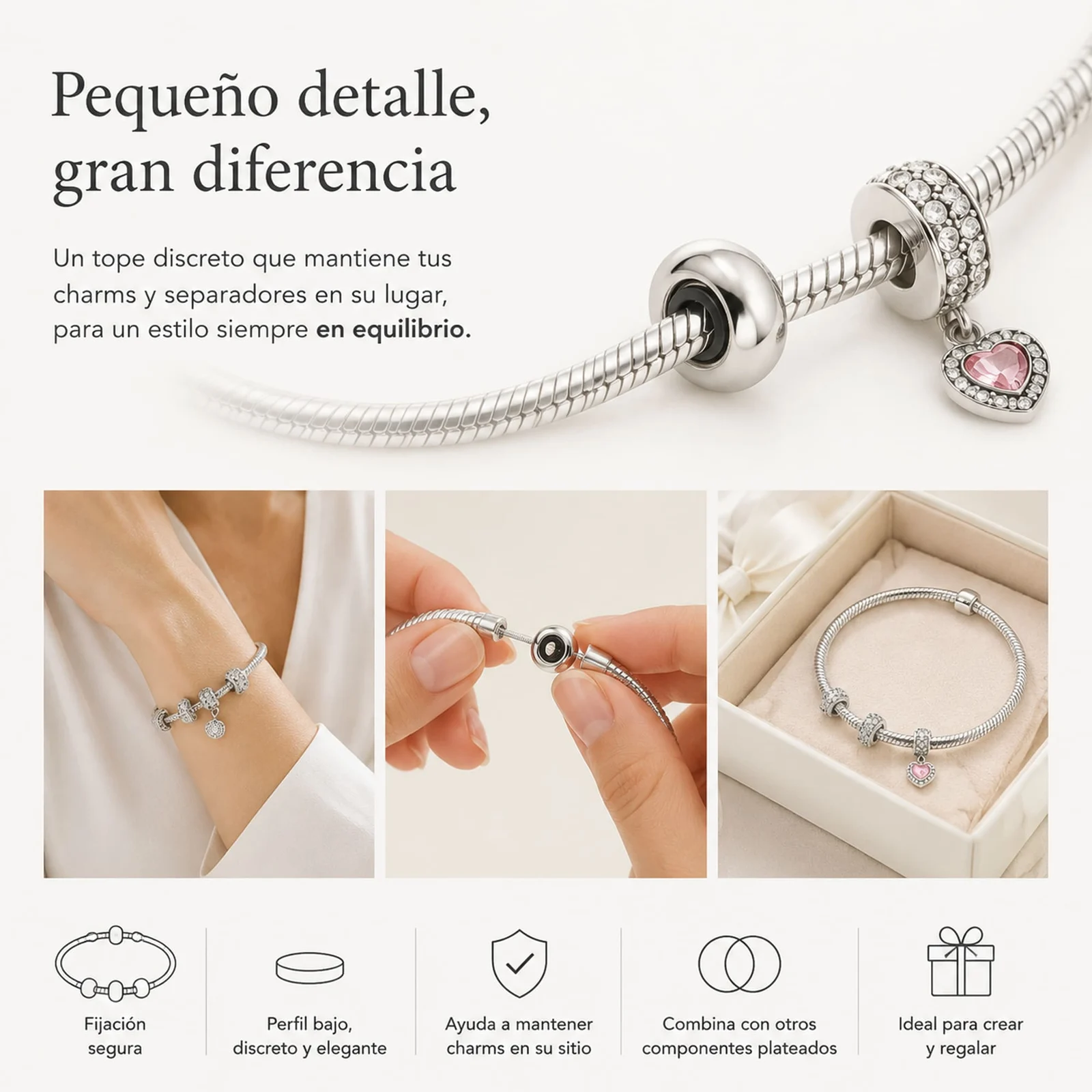 BOLA PLANO 6MM ACERO PLATEADO CON GOMA PARA FIJAR CHARM EN CADENA DE SERPIENTE