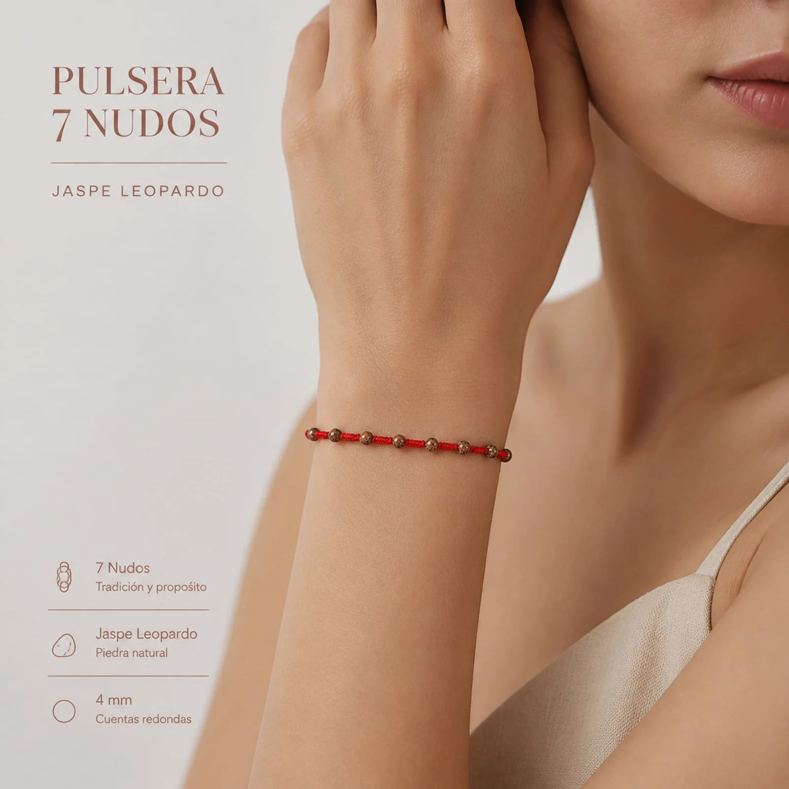 PULSERA 7 NUDOS CON  JASPE LEOPARDO 4MM