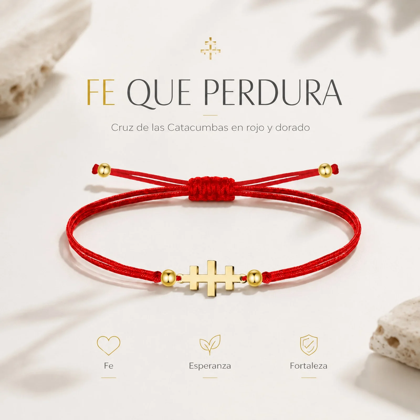 PULSERA CRUZ CATACUMBAS DORADO DE HILO EN.ROJO