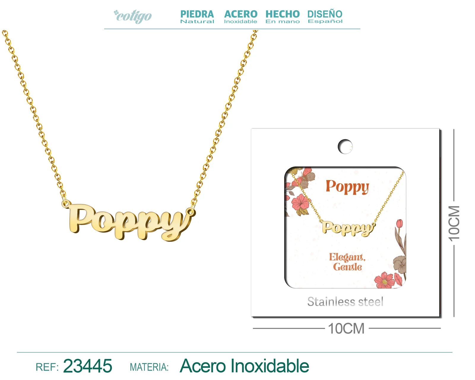 COLLAR NOMBRE INGLES POPPY ACERO CON SOBRE