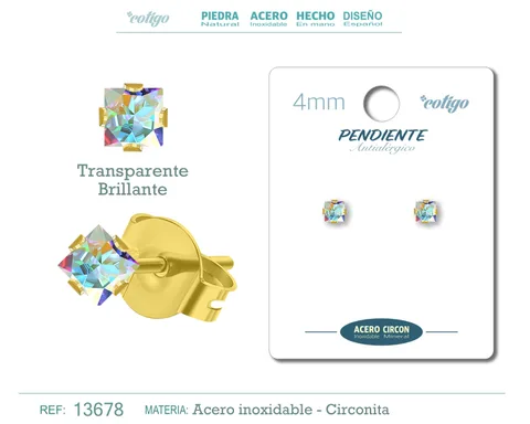 PENDIENTE CIRCONITA CUADRADO-TRANSPARENTE BRILLANTE-4MM-BASE ACERO DORADO