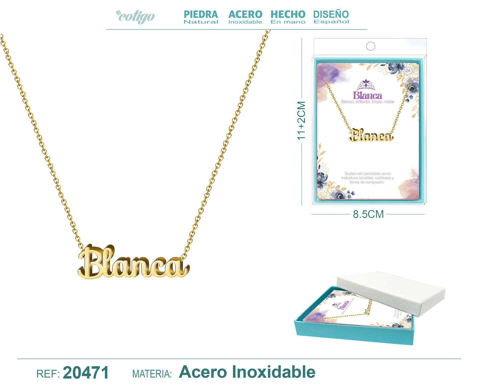 12A COLLAR NOMBRE- BLANCA -ACERO DORADO