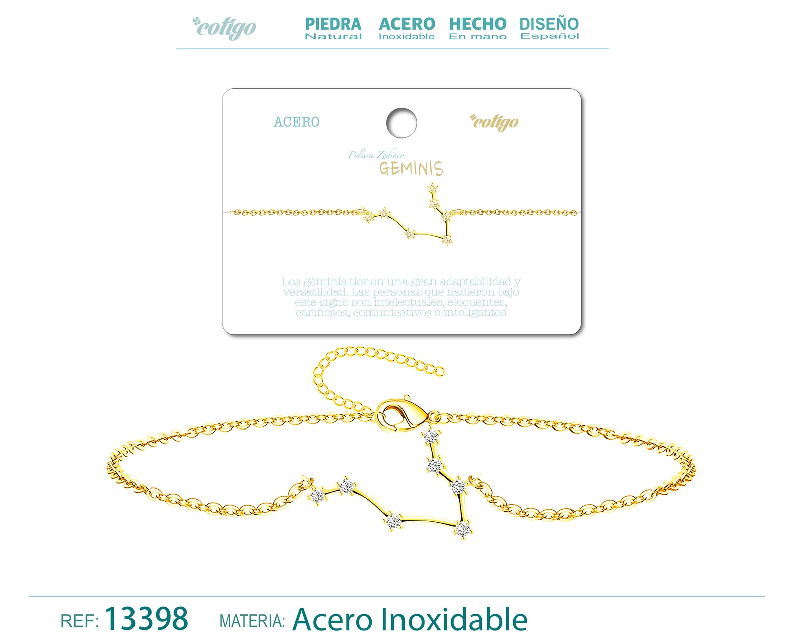 PULSERA MAPA ESTELAR DEL ZODIACO GEMINIS DORADO CON STRAS