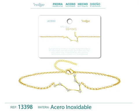 PULSERA MAPA ESTELAR DEL ZODIACO GEMINIS DORADO CON STRAS