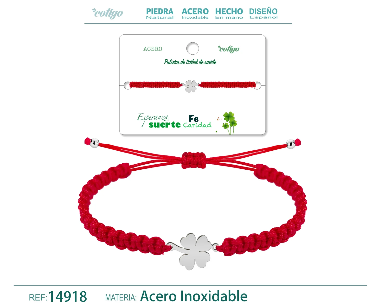 PULSERA HILO TRENZADOROJO-TREBOL CUATRO HOJAS PLATEADO