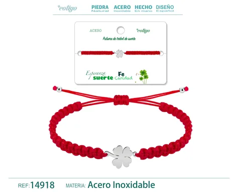 PULSERA HILO TRENZADOROJO-TREBOL CUATRO HOJAS PLATEADO