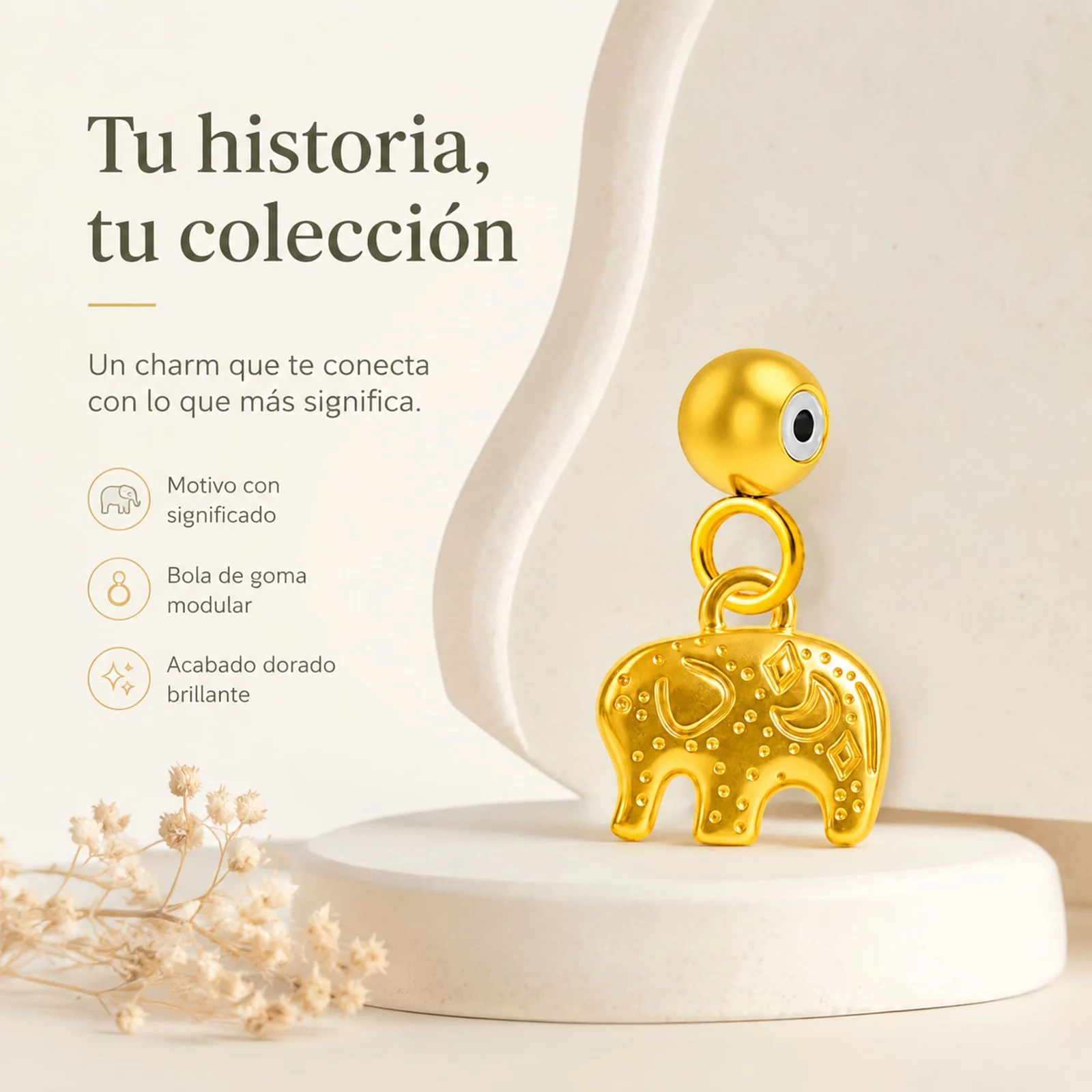 CHARM ACERO DORADO CHAPADO ORO 14 K-CON BOLA DE GOMA