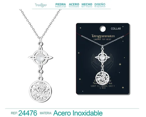 COLLAR TETRAGRAMATÓN CON NUDO DE BRUJA ACERO INOXIDABLE Y PIEDRA CUARZO BLANCO