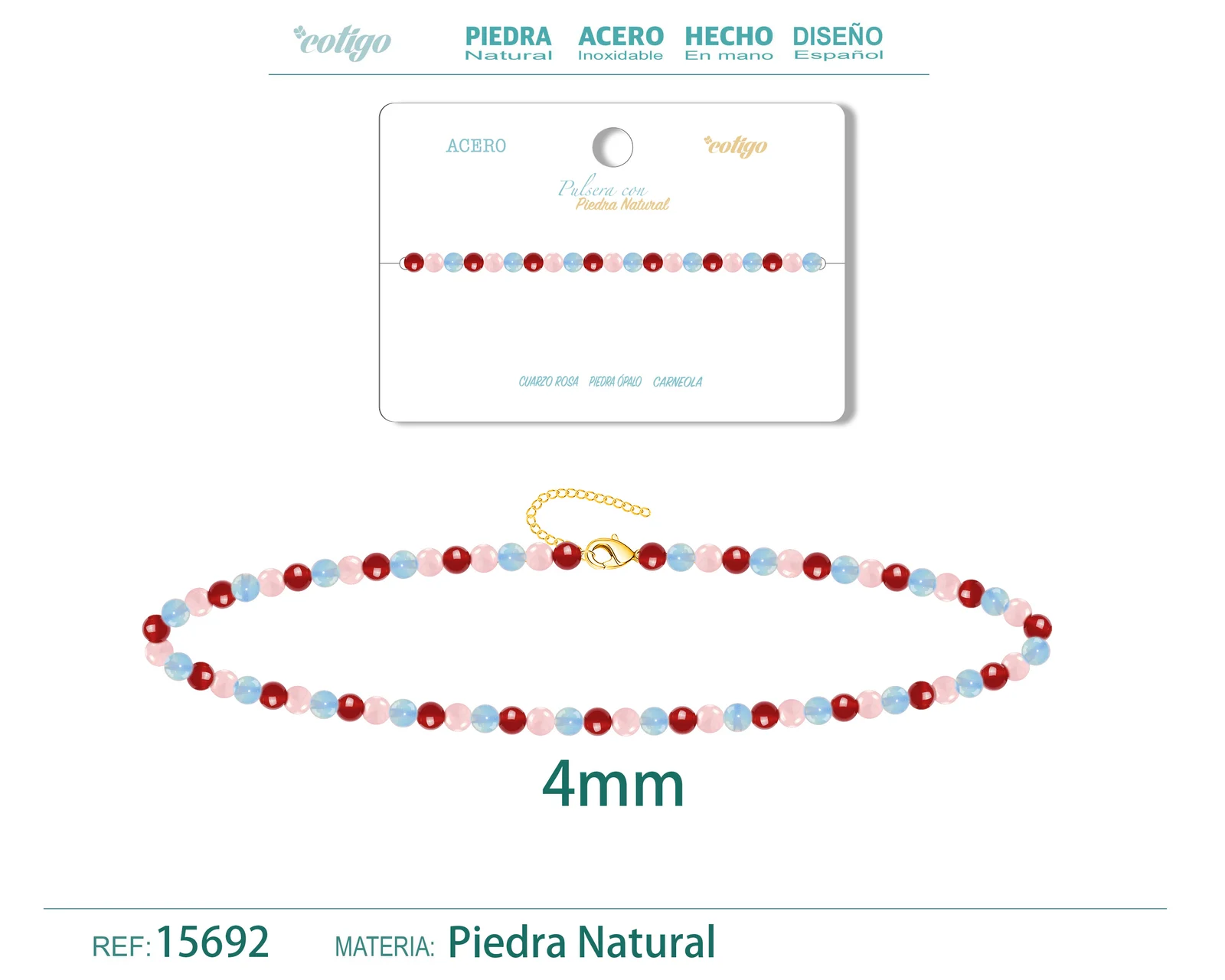 PULSERA CARNEOLA+OPALINA+CUARZO ROSA 4MM