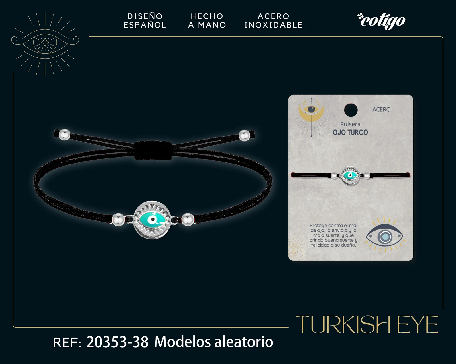 Pulsera Hilo encerado Negro CON OJO TURCO Plateado