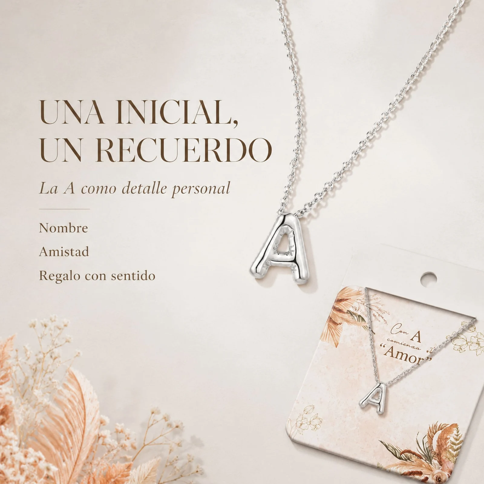 COLLAR INICIAL LETRA A ACERO CON SOBRE