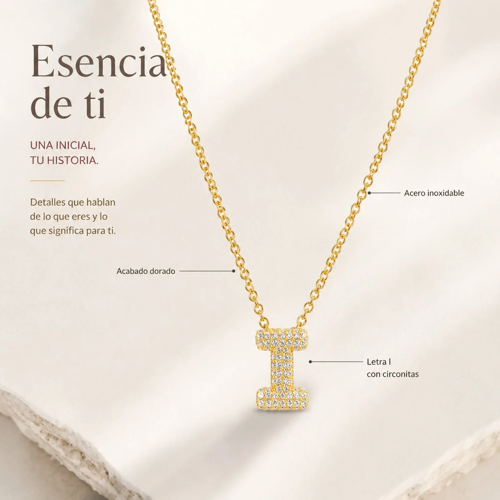 COLLAR LETRA I CON CIRCONITA  ACERO COLOR DORADO