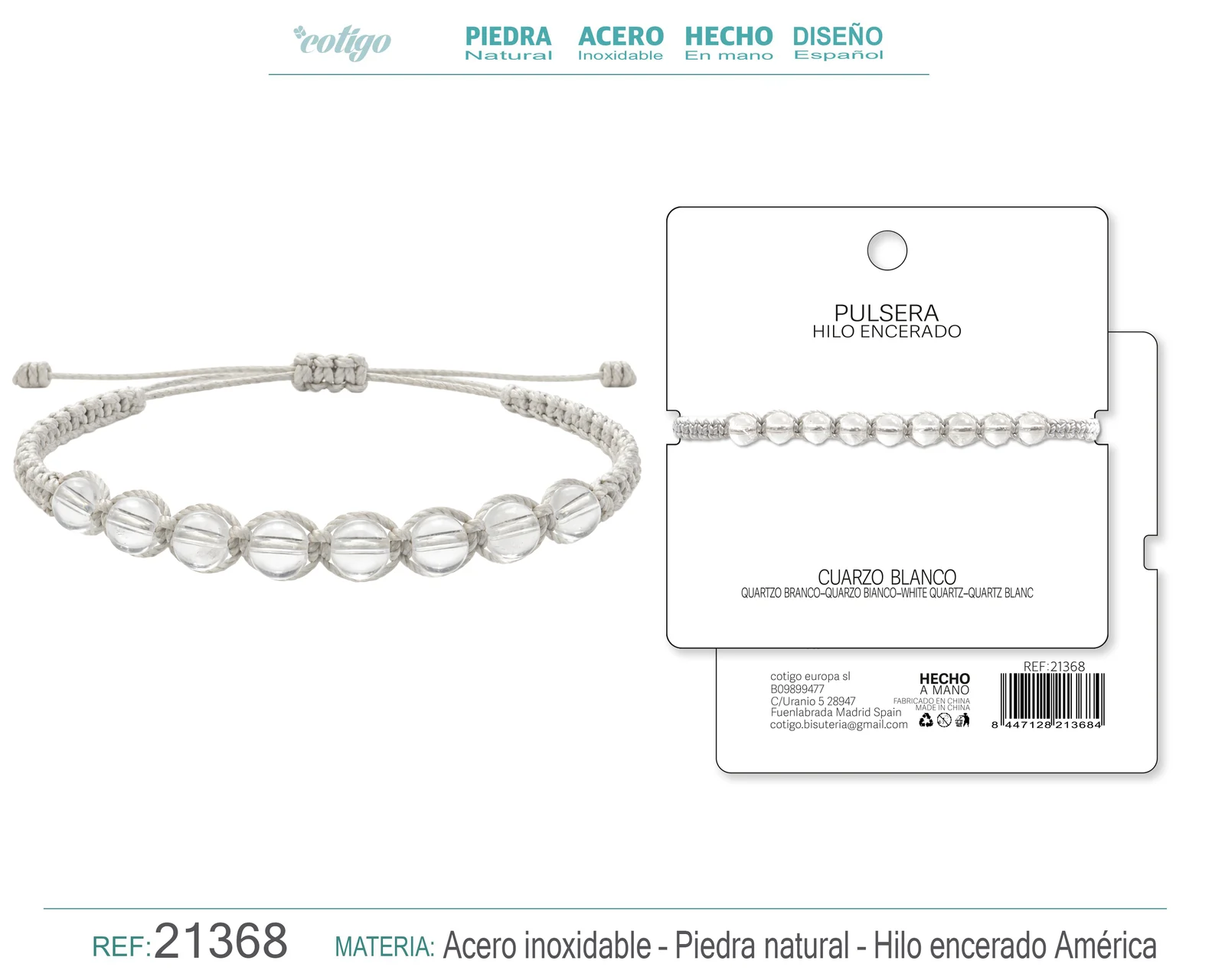 PULSERA HILO ENCERADO CON CUARZO BLANCO