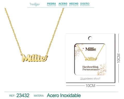 COLLAR NOMBRE INGLES MILLIE ACERO CON SOBRE