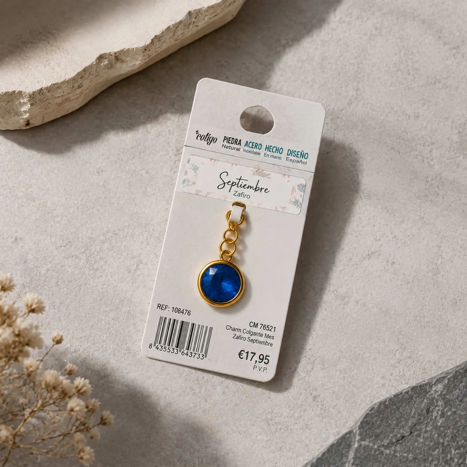 CHARM ACERO DORADO CON PIEDRA NACIMIENTO DE SEPTIEMBRE-CON CIERRE