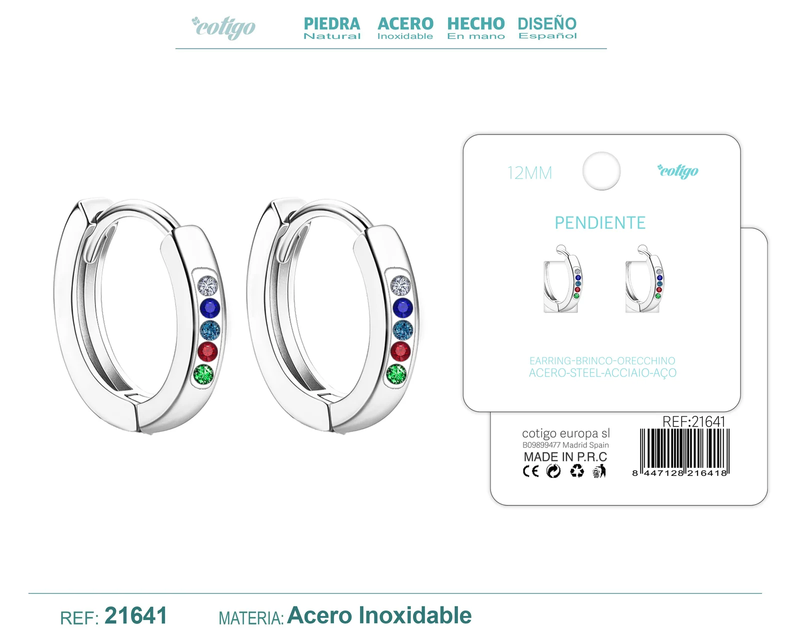 ARO ACERO 12MM PLATEADO CON CIRCONITA COLORES