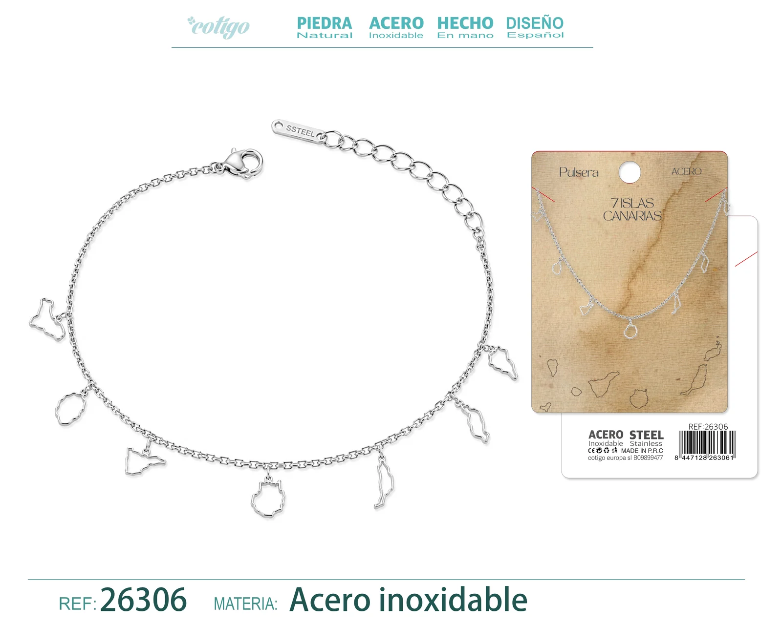 Pulsera 7 Islas de Canarias Acero Inoxidable Color Plateado