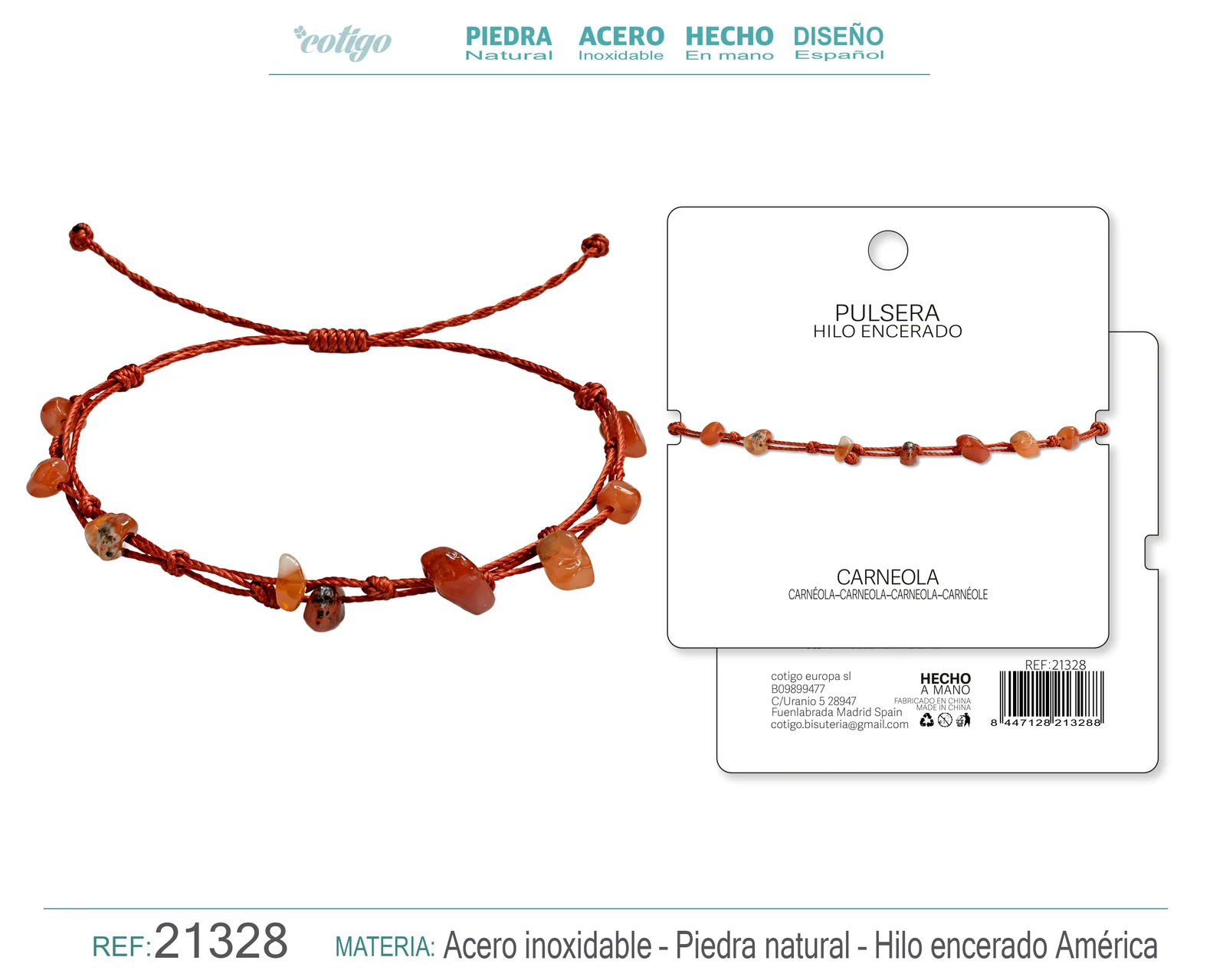 PULSERA HILO ENCERADO CON CARNEOLA