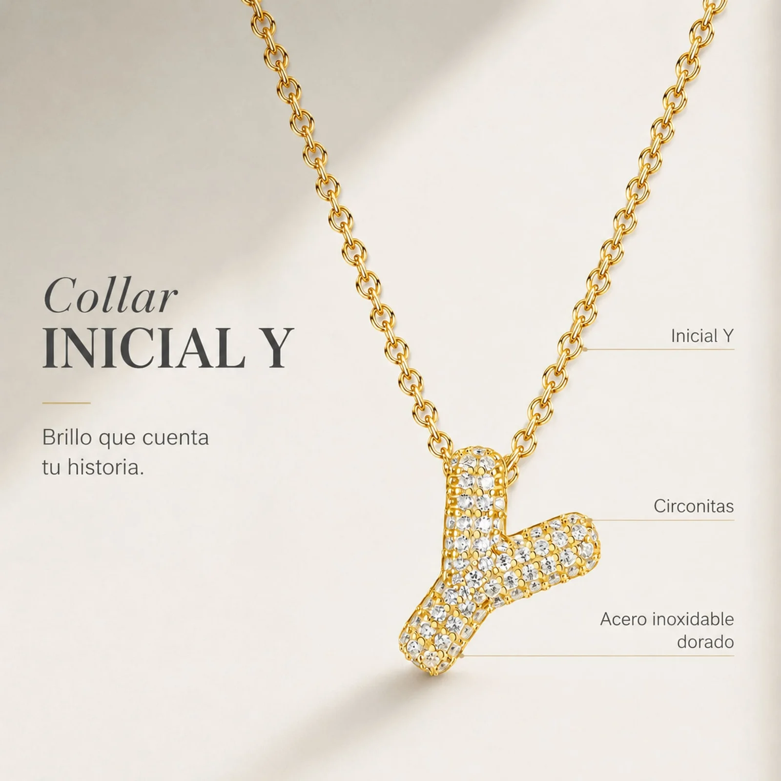 COLLAR LETRA Y CON CIRCONITA  ACERO COLOR DORADO