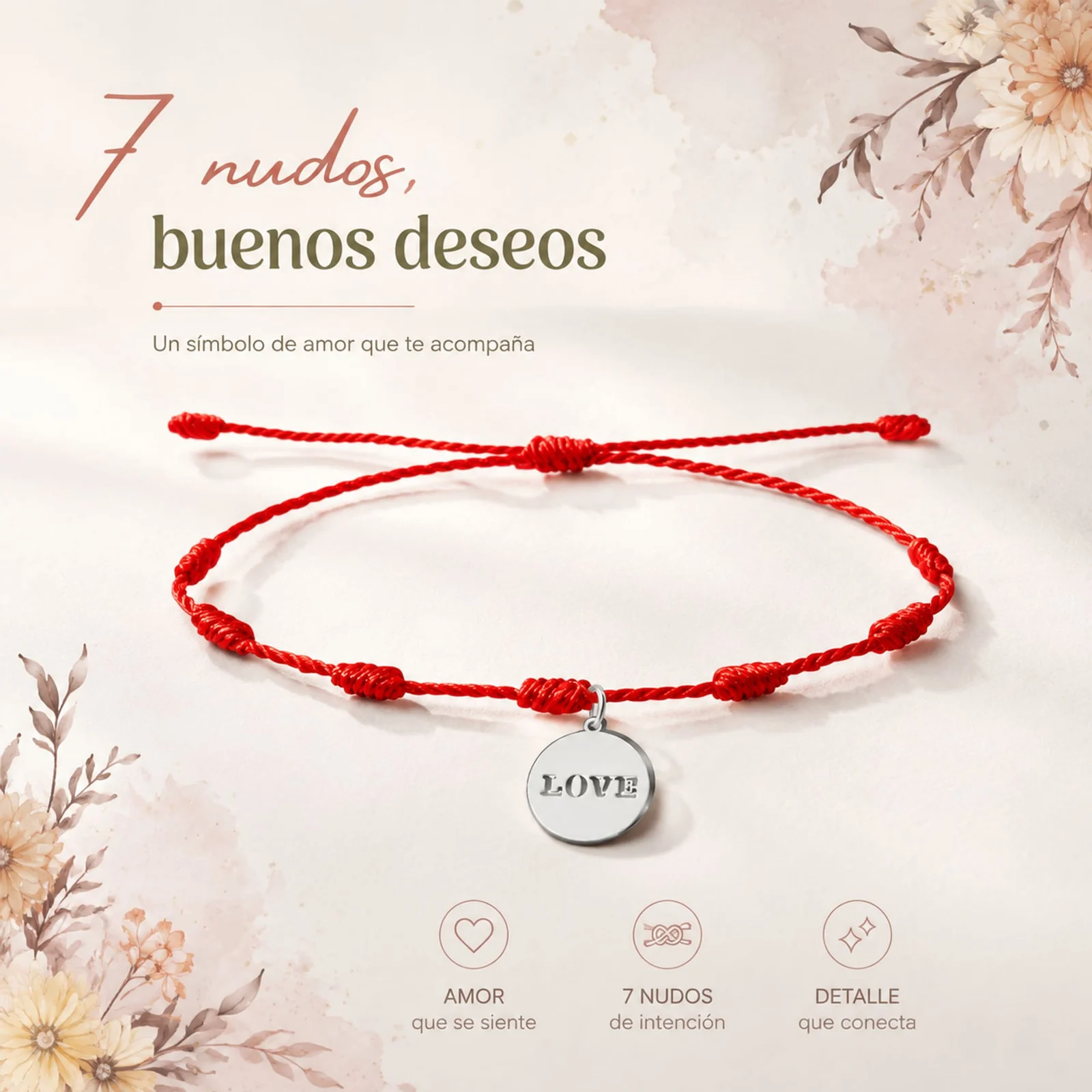 PULSERA 7 NUDOS CON LOVE COLOR PLATEADO