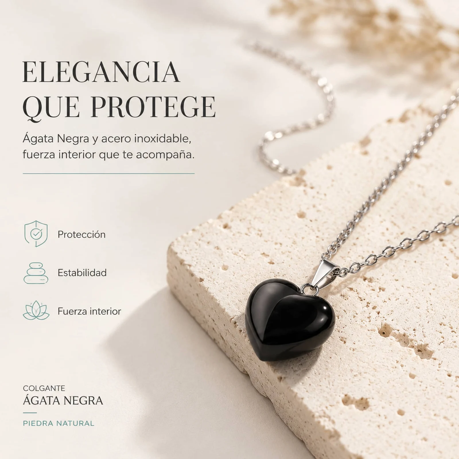 Colgante Piedra Ágata Negra con cadena Acero Inoxidable