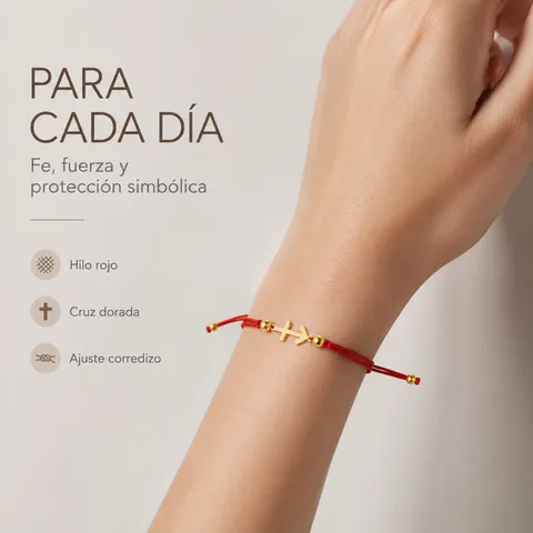 PULSERA CRUZ CONTRA EL MAL DORADO DE HILO EN.ROJO