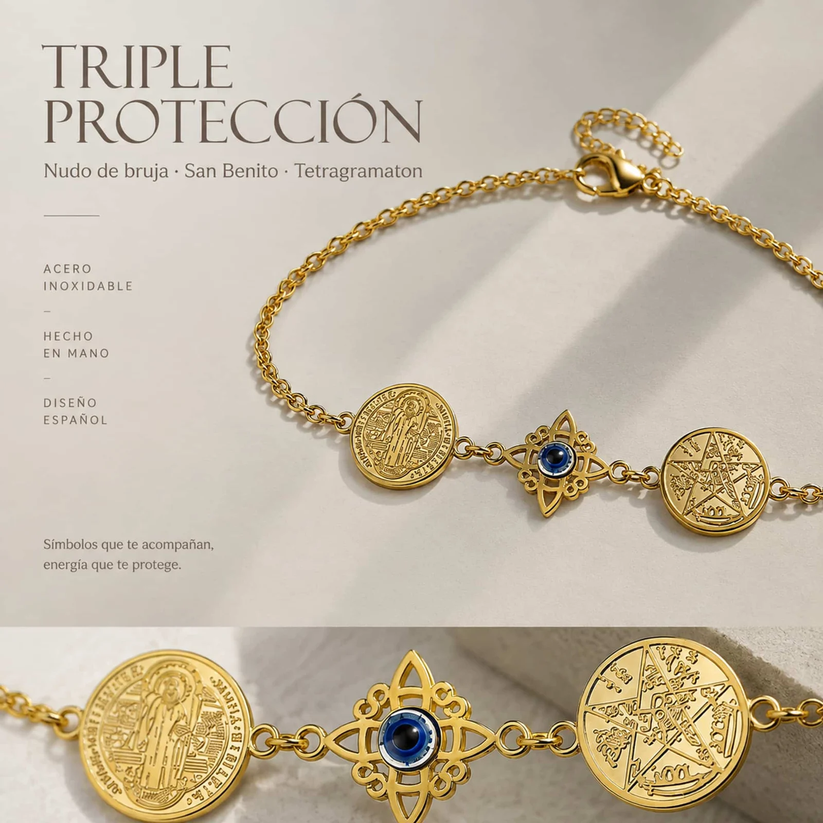 PULSERA DE TETRAGRÁMATON + NUDO DE BRUJA CON OJO TURCO + SAN BENITO ACERO DORADO
