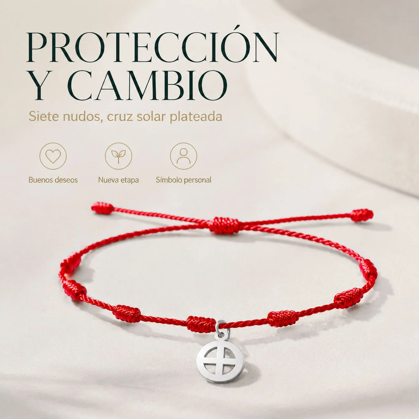 PULSERA 7 NUDOS CON CRUZ SOLAR COLOR PLATEADO