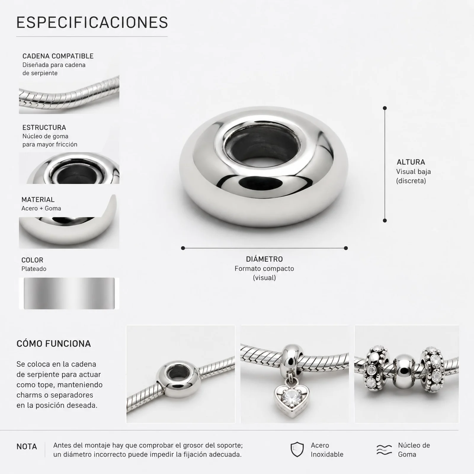 BOLA PLANO 6MM ACERO PLATEADO CON GOMA PARA FIJAR CHARM EN CADENA DE SERPIENTE