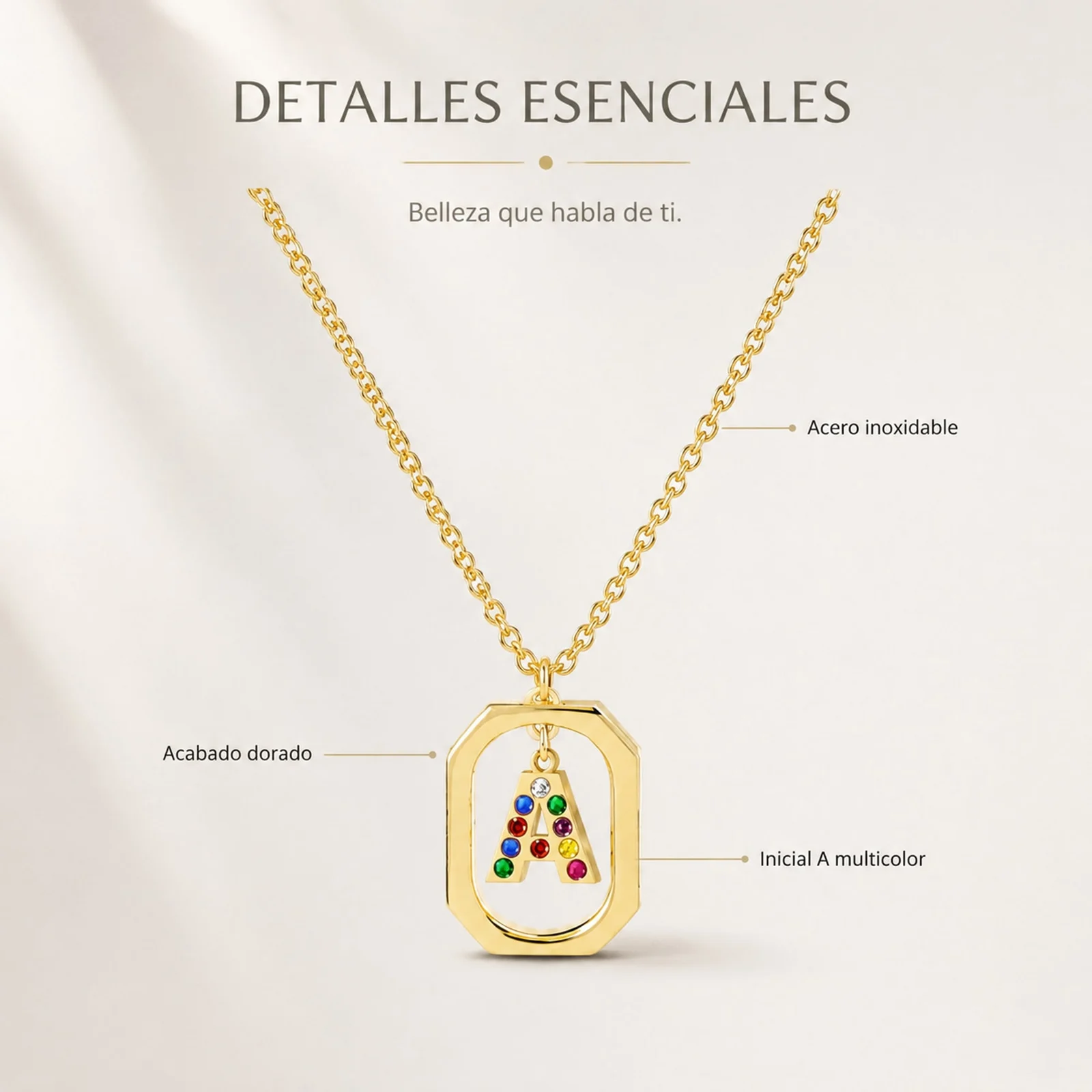 COLLAR INICIAL LETRA A ACERO CON SOBRE