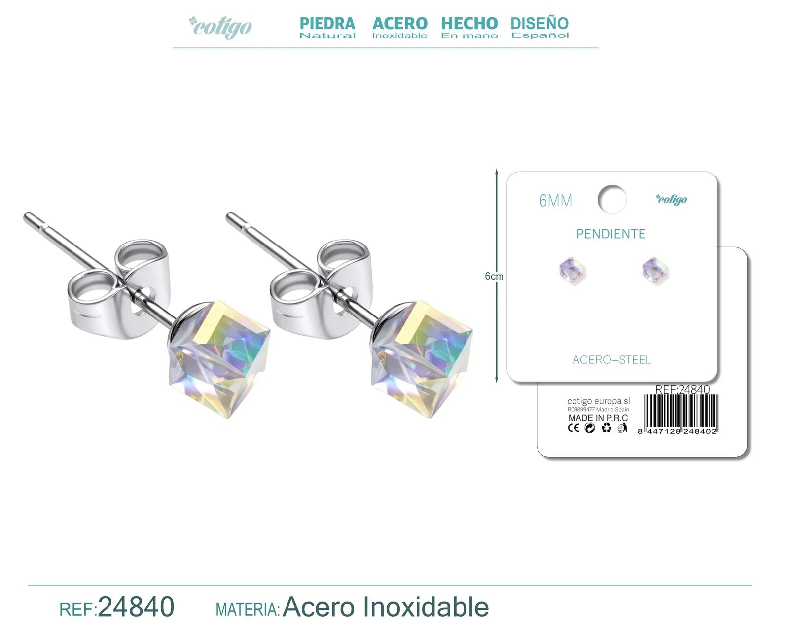 PENDIENTE DE CRISTAL CUADRADO 6MM CON ACCESORIO ACERO