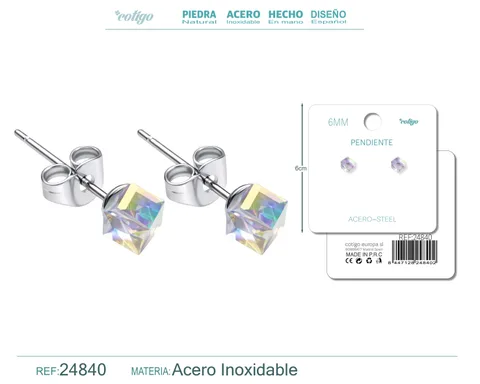 PENDIENTE DE CRISTAL CUADRADO 6MM CON ACCESORIO ACERO