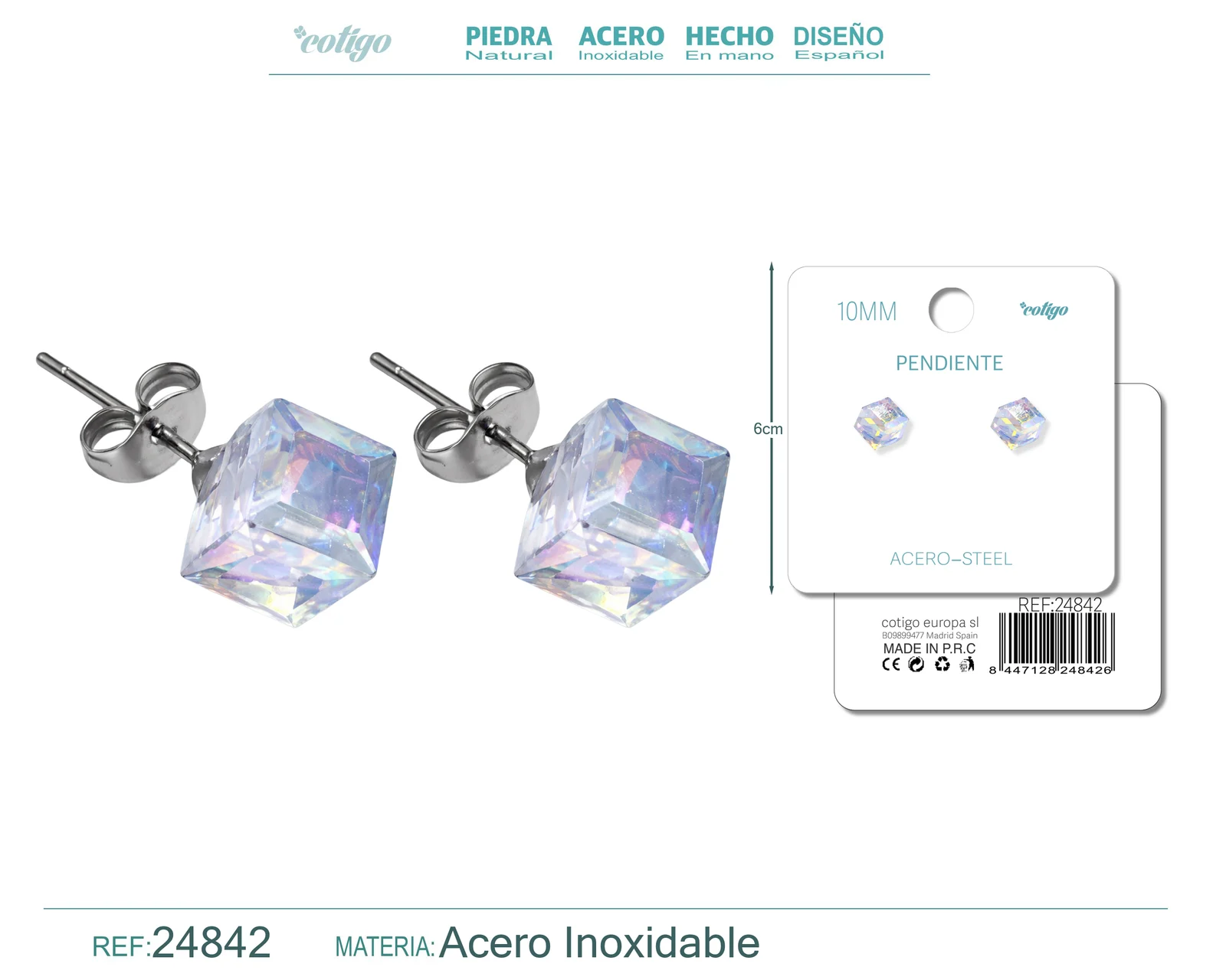PENDIENTE DE CRISTAL CUADRADO 10MM CON ACCESORIO ACERO