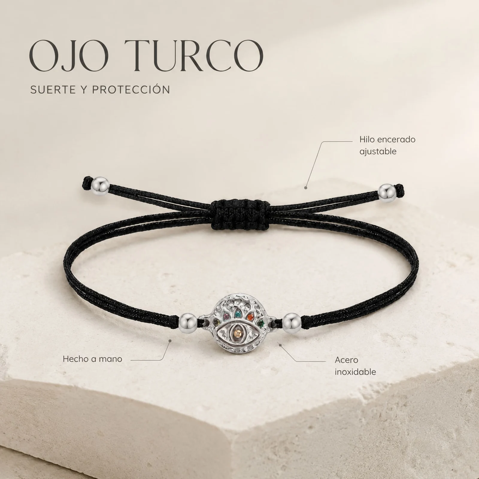 Pulsera Hilo encerado Negro CON OJO TURCO Plateado