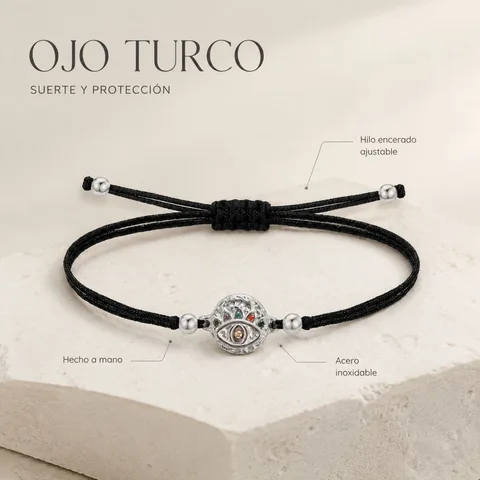 Pulsera Hilo encerado Negro CON OJO TURCO Plateado