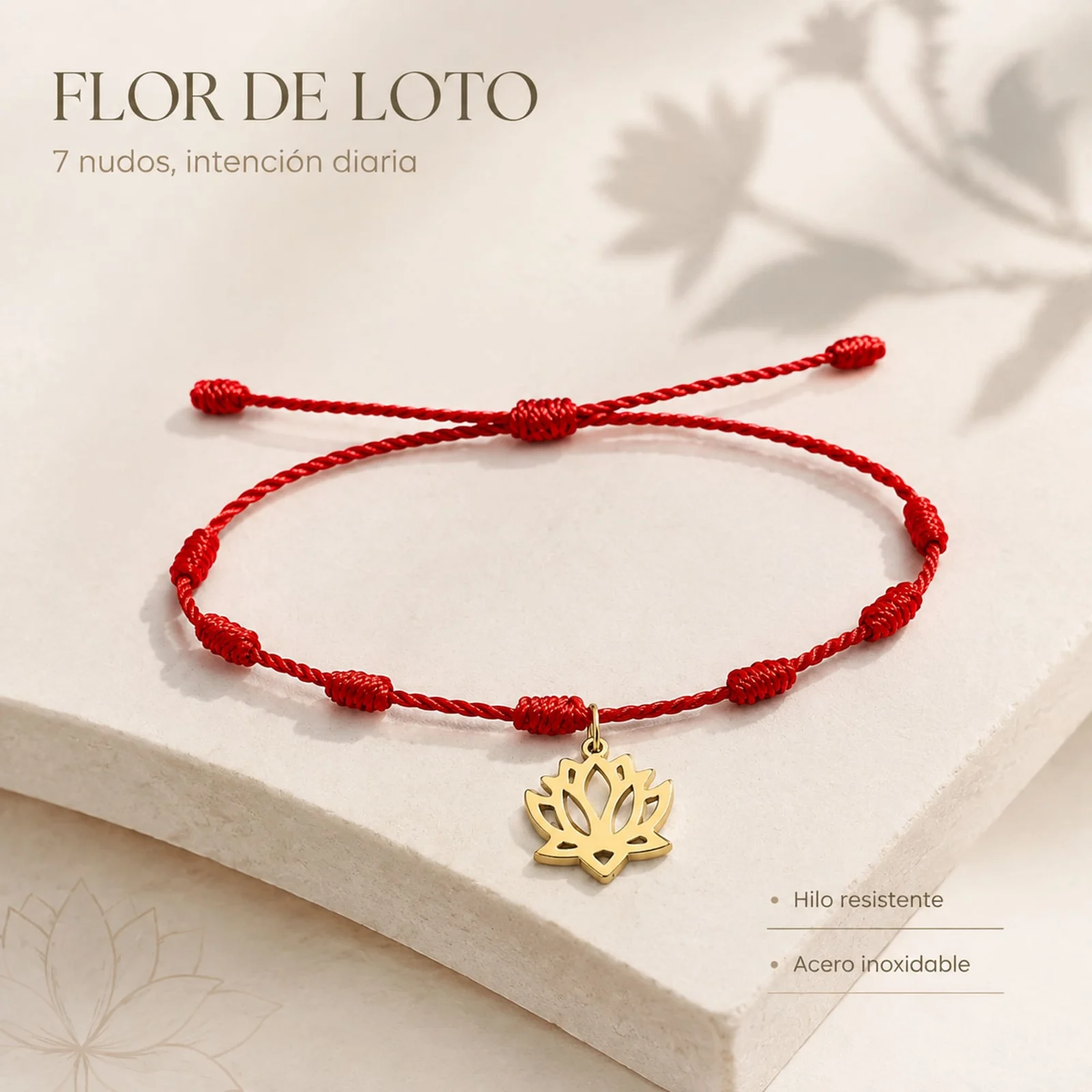 PULSERA 7 NUDOS CON FLOR DE LOTO COLOR DORADO