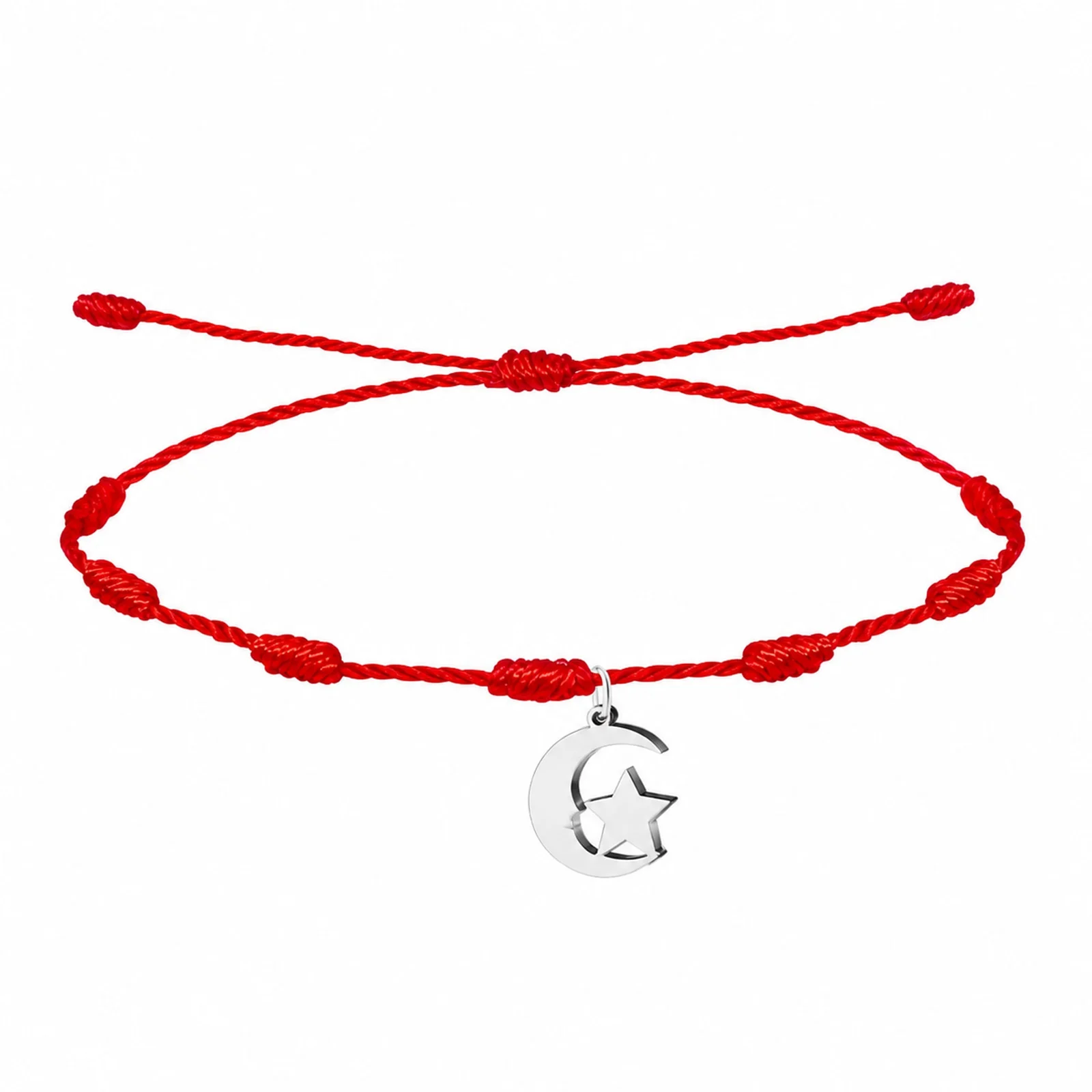 PULSERA 7 NUDOS CON LUNA Y ESTRELLA COLOR PLATEADO