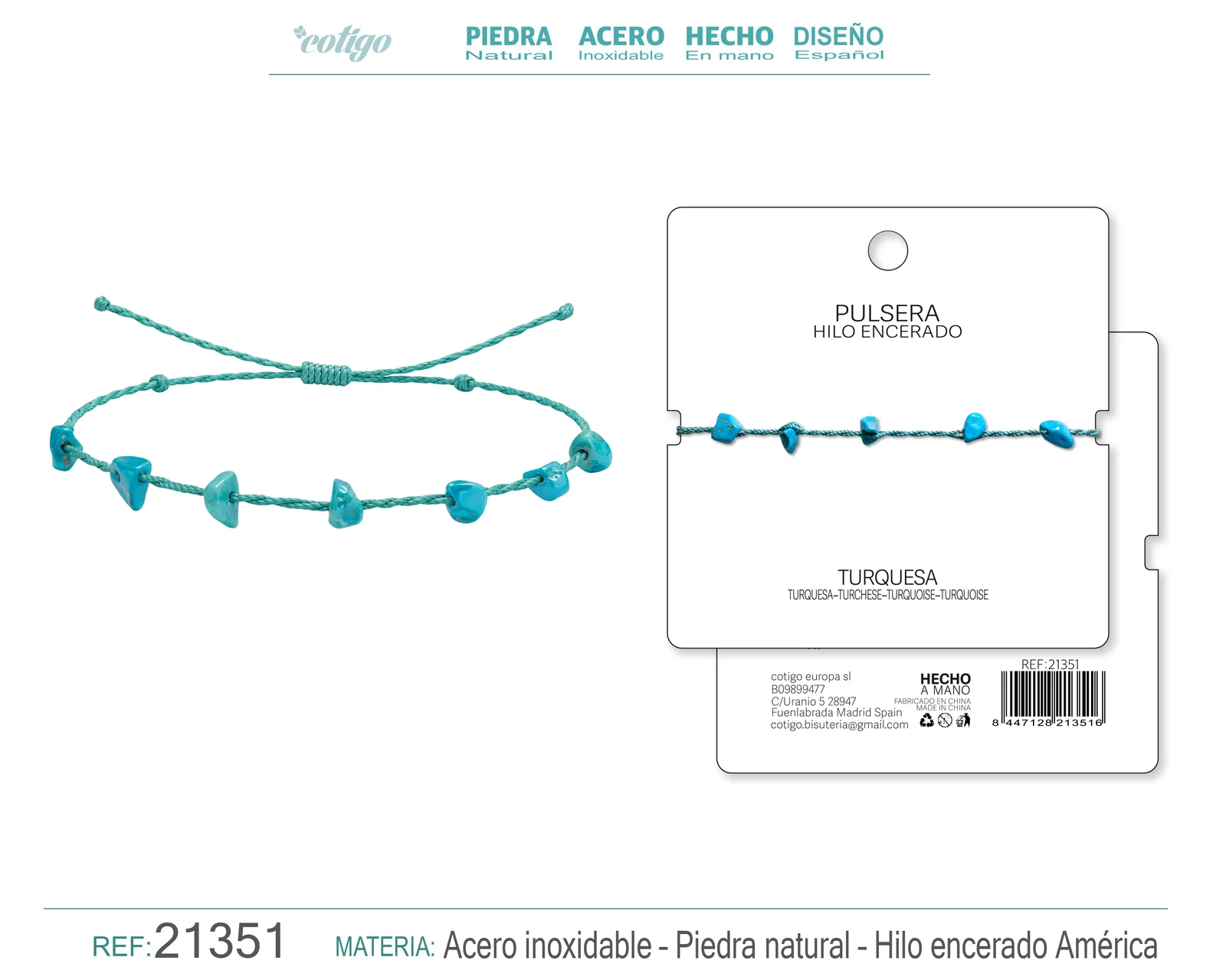 PULSERA HILO ENCERADO CON TURQUESA