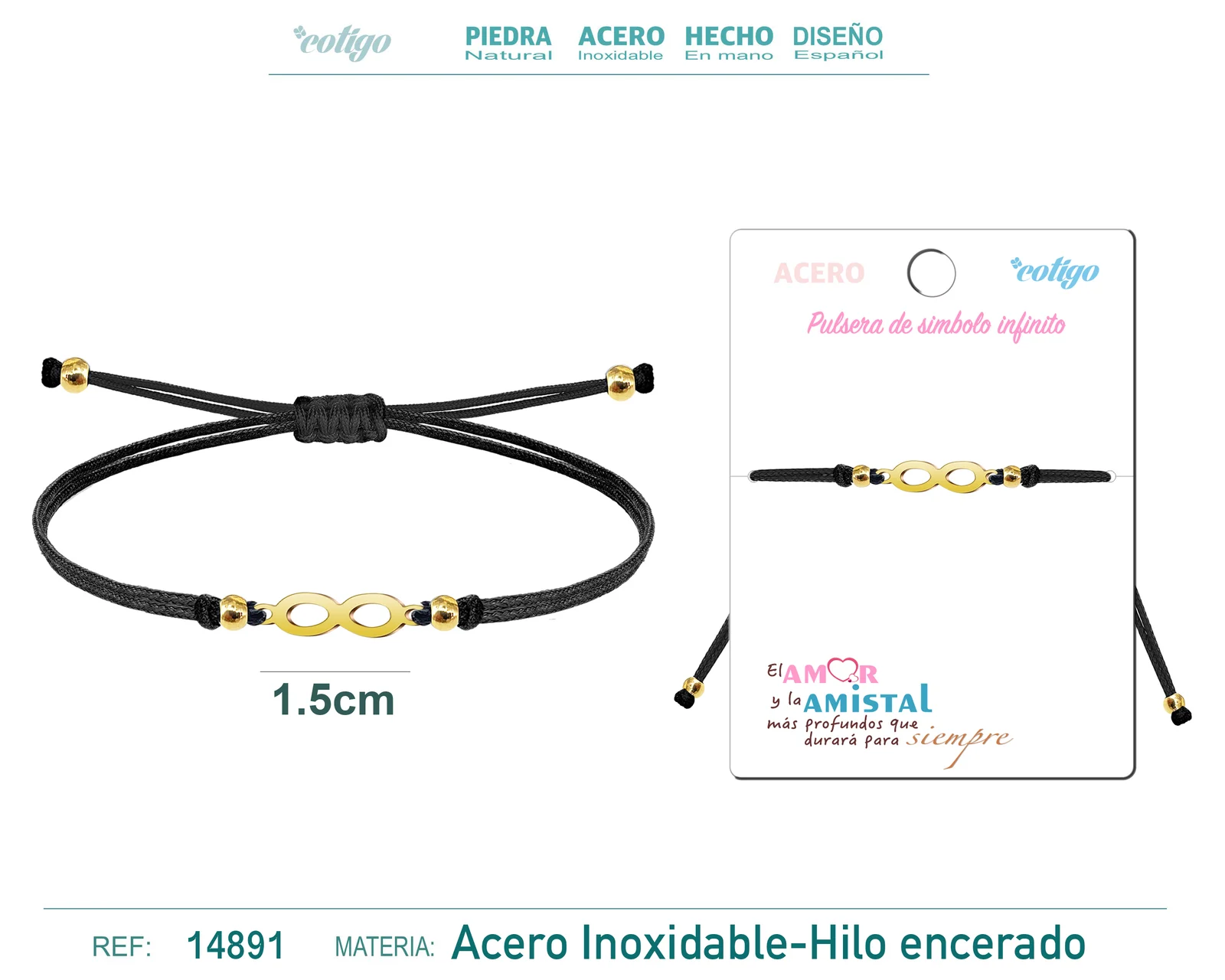 PULSERA HILO ENCERADO NEGRO-INFINITO DORADO