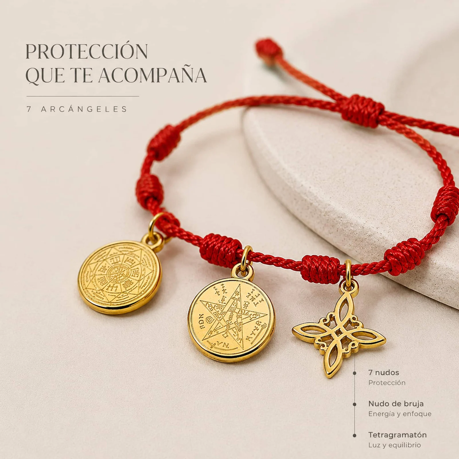 PULSERA 7 NUDOS CON TETRAGRÁMATON  NUDO DE BRUJA Y 7 ARCÁNGELES ACERO DORADO