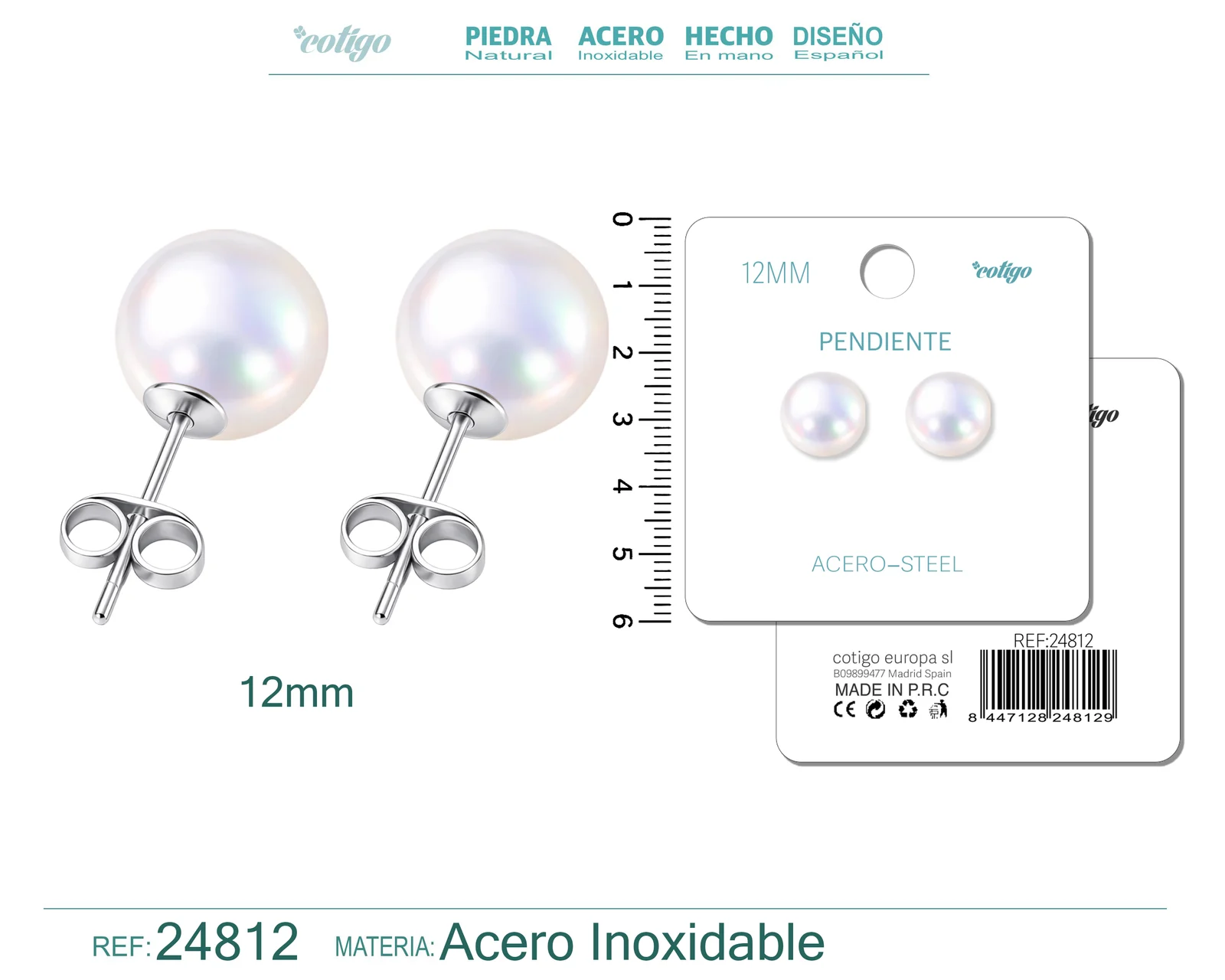PENDIENTE DE PERLA REDONDA 12MM CON ACCESORIO ACERO