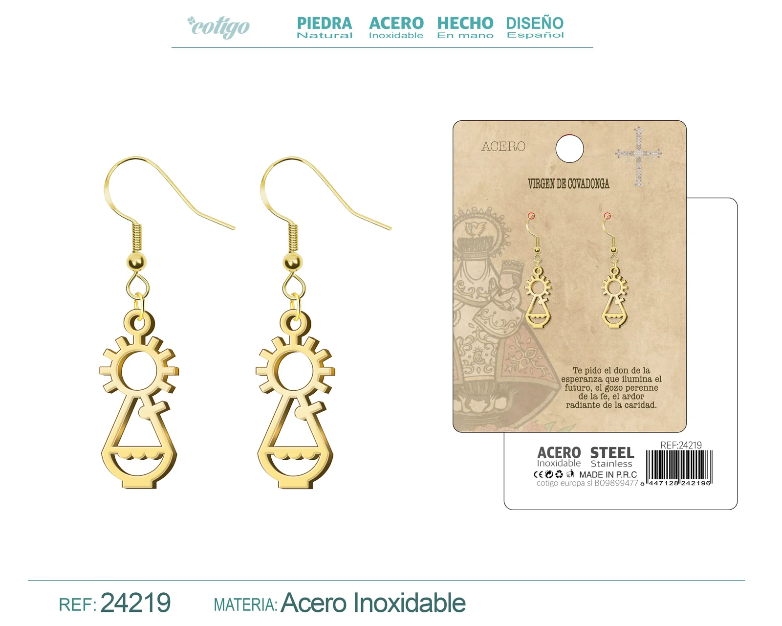 PENDIENTE CON VIRGEN DE COVADONGA ACERO COLOR DORADO
