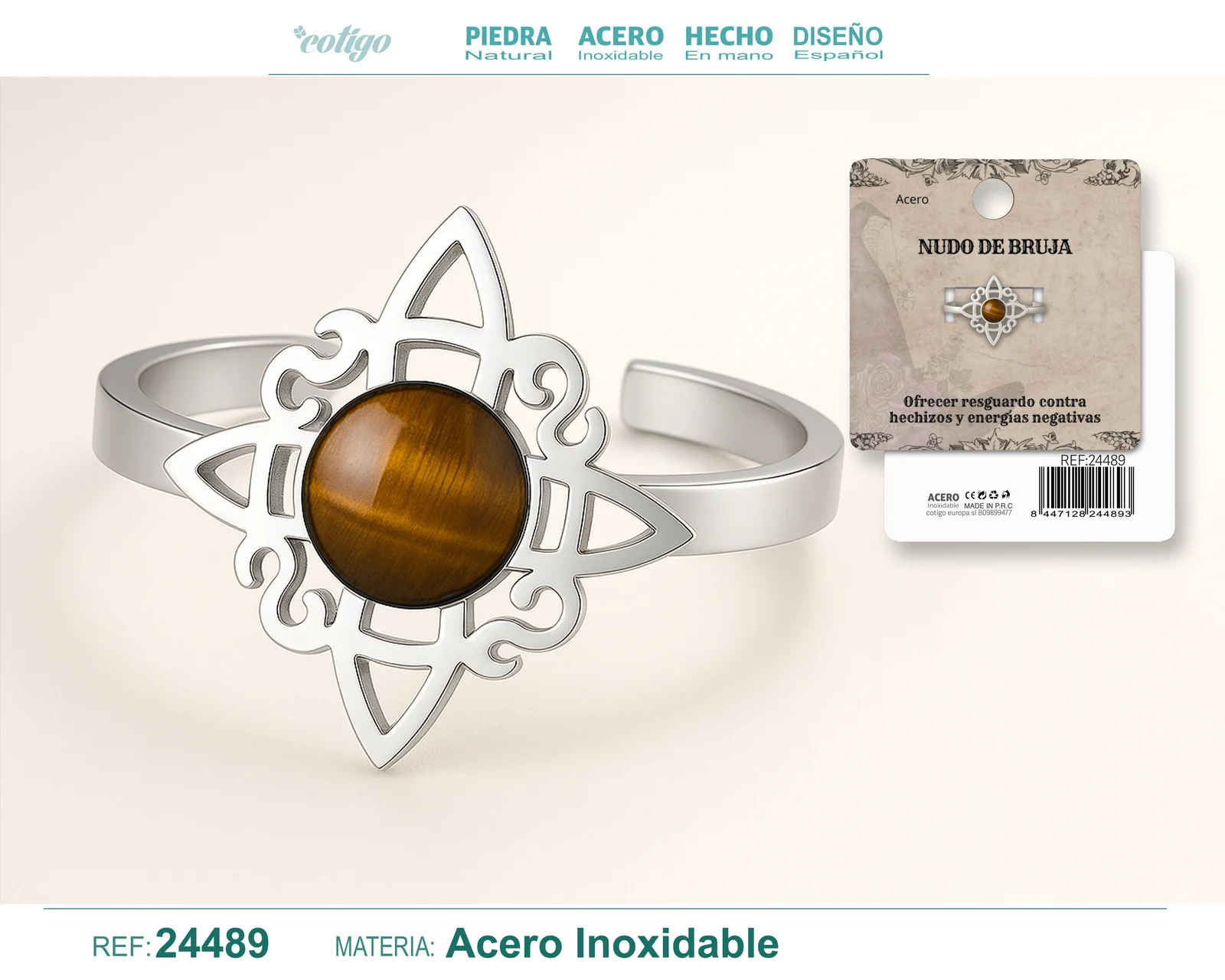 ANILLO NUDO DE BRUJA ACERO PLATEADO CON OJO DE TIGRE