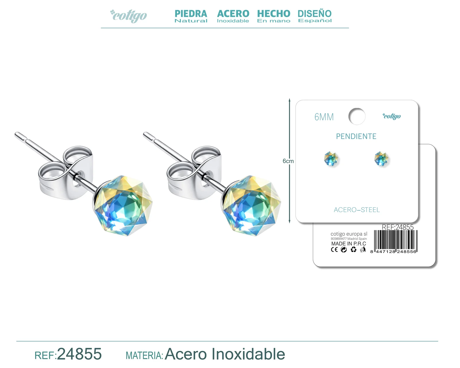 PENDIENTE DE CRISTAL OVALADO 6MM CON ACCESORIO ACERO