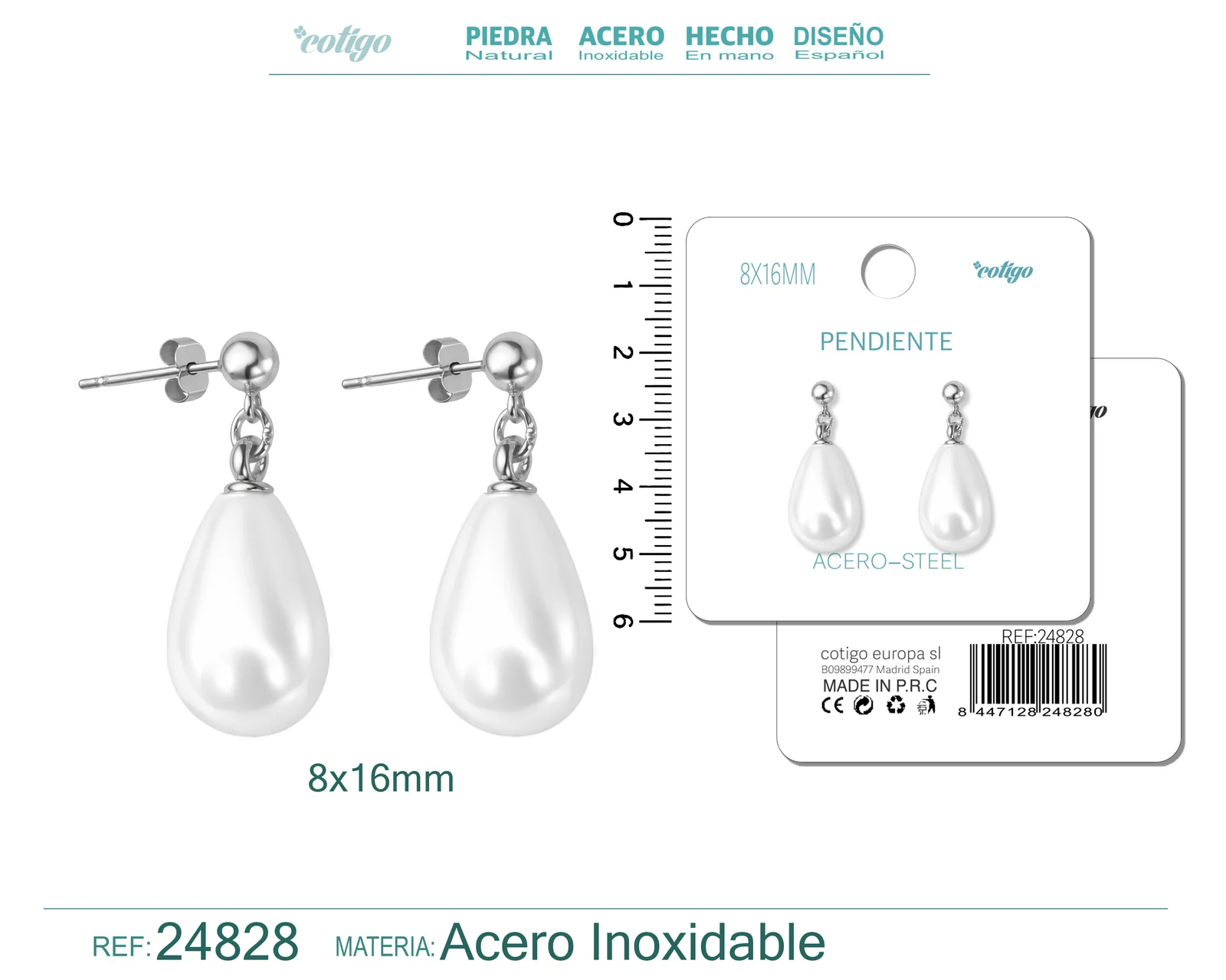 PENDIENTE DE PERLA GOTITA 8X16MM CON ACCESORIO ACERO