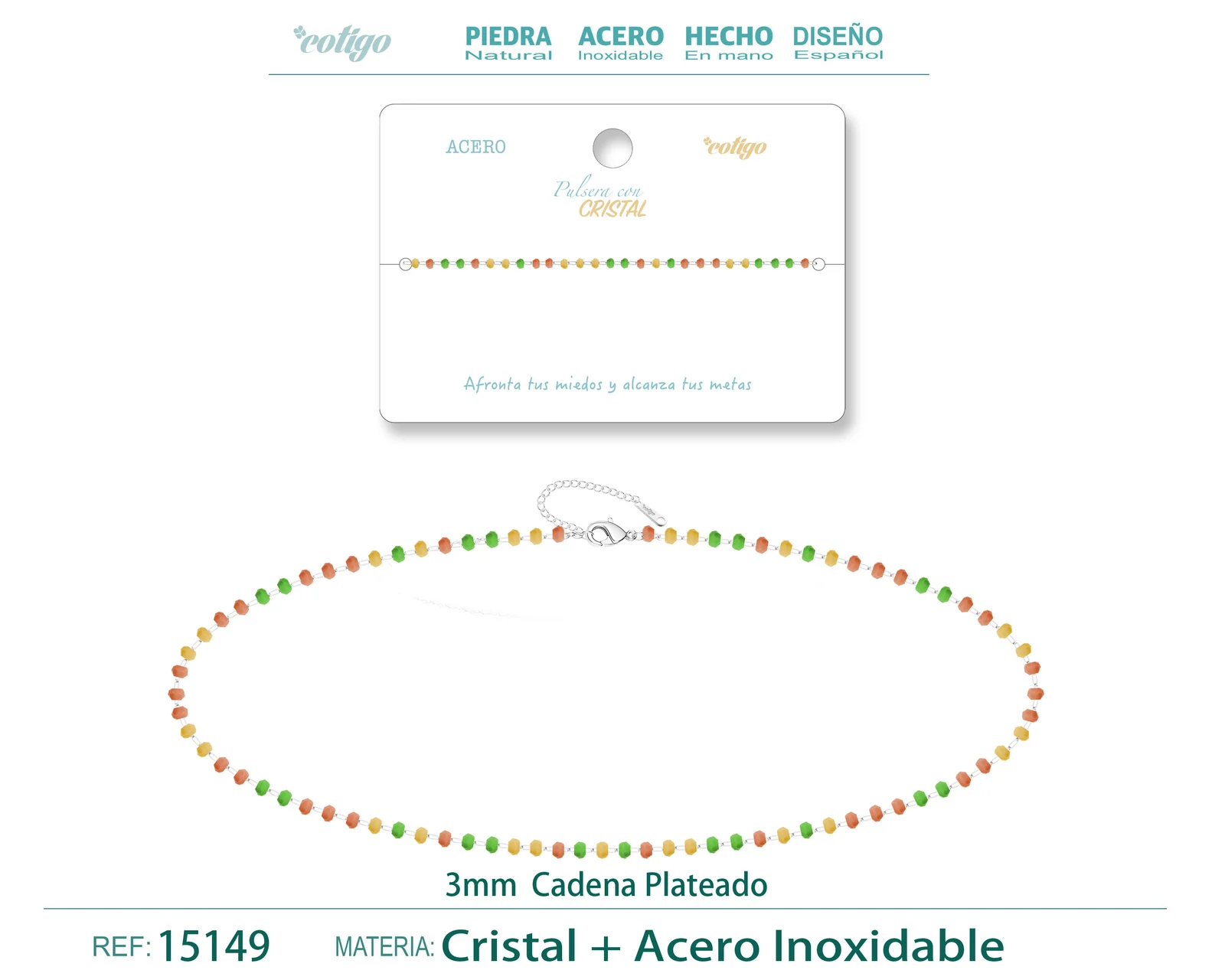 PULSERA ACERO COLOR PLATEADO CON BOLA CRISTA