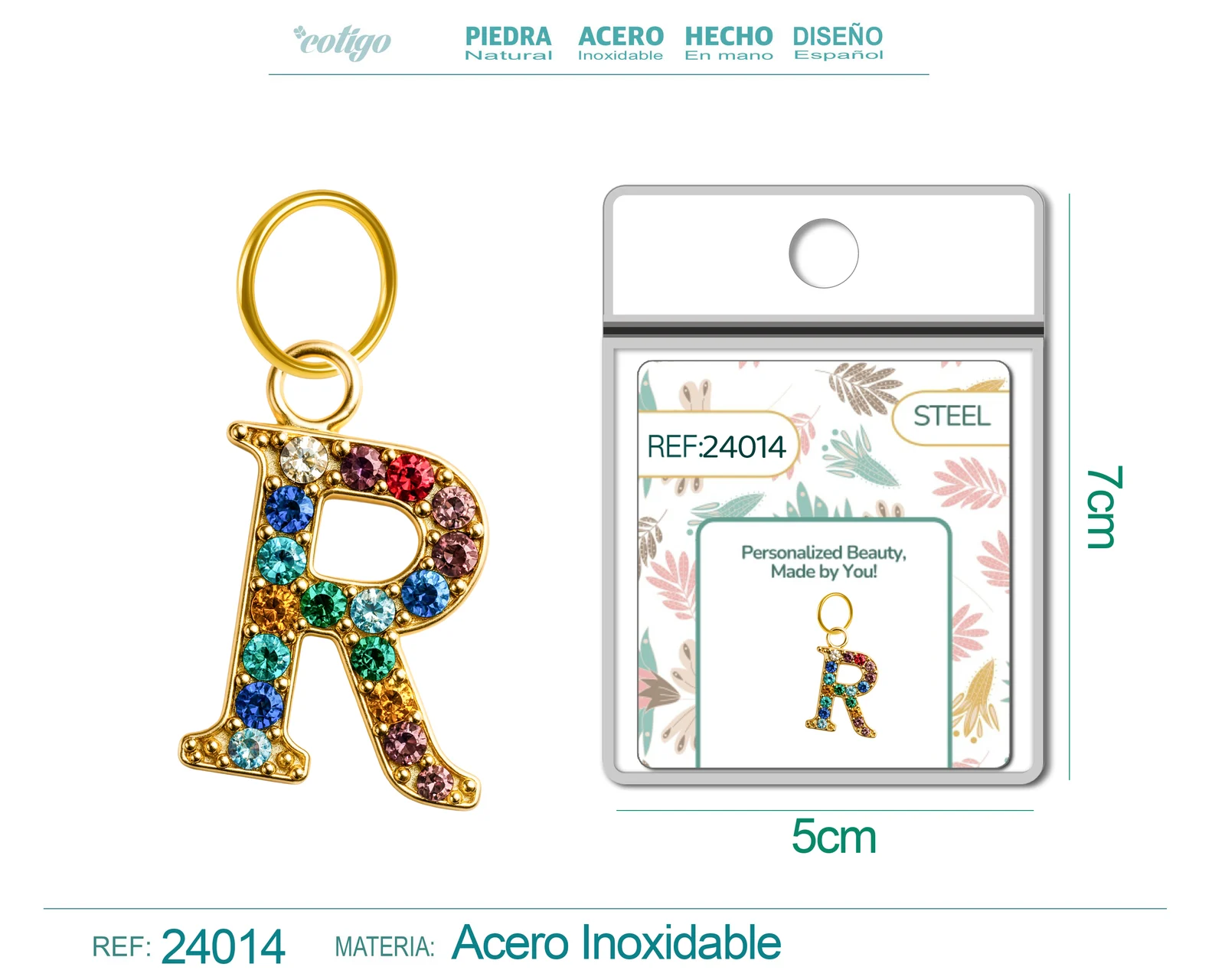 CHARM DE LETRA R ACERO COLOR DORADO CON CIRCONITA