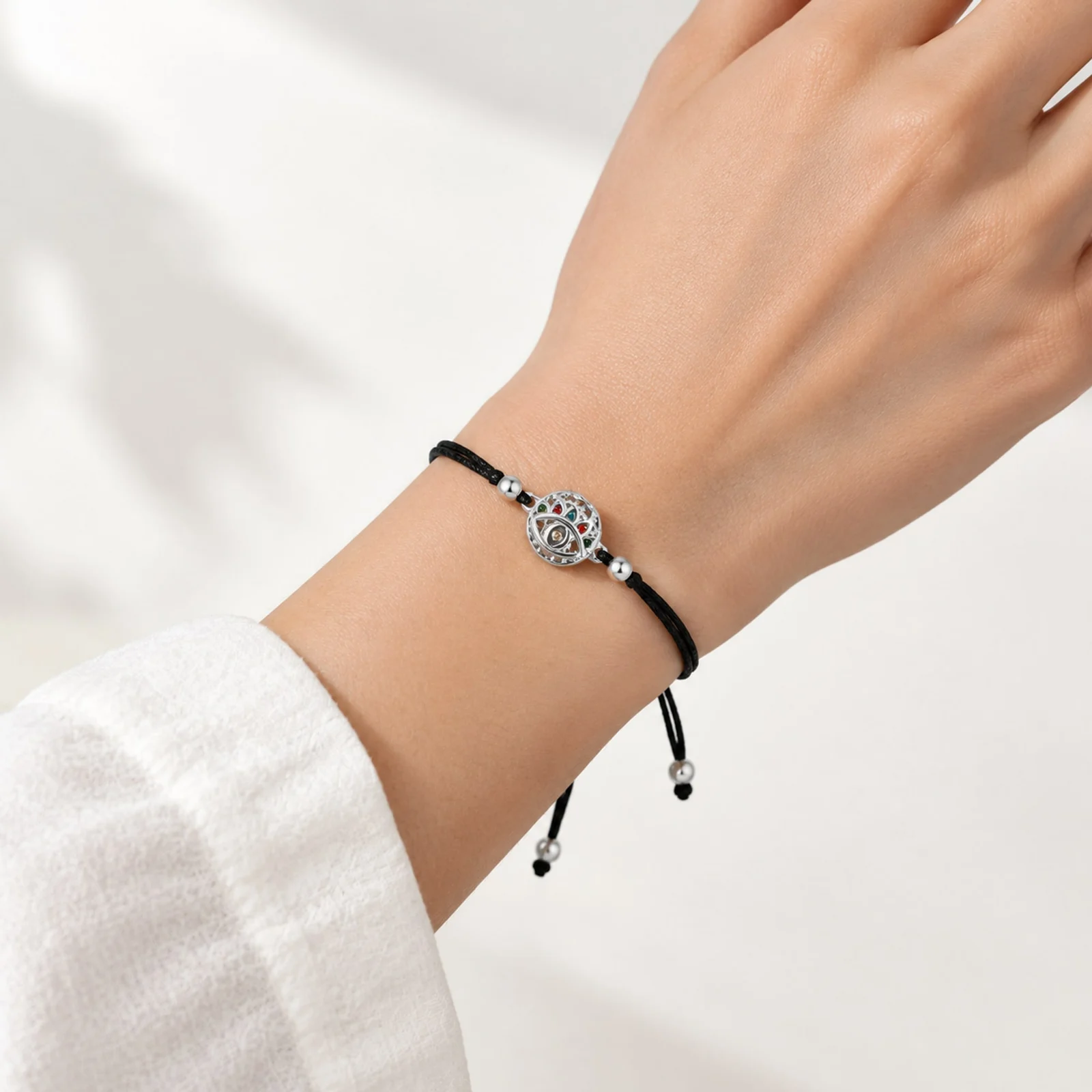 Pulsera Hilo encerado Negro CON OJO TURCO Plateado