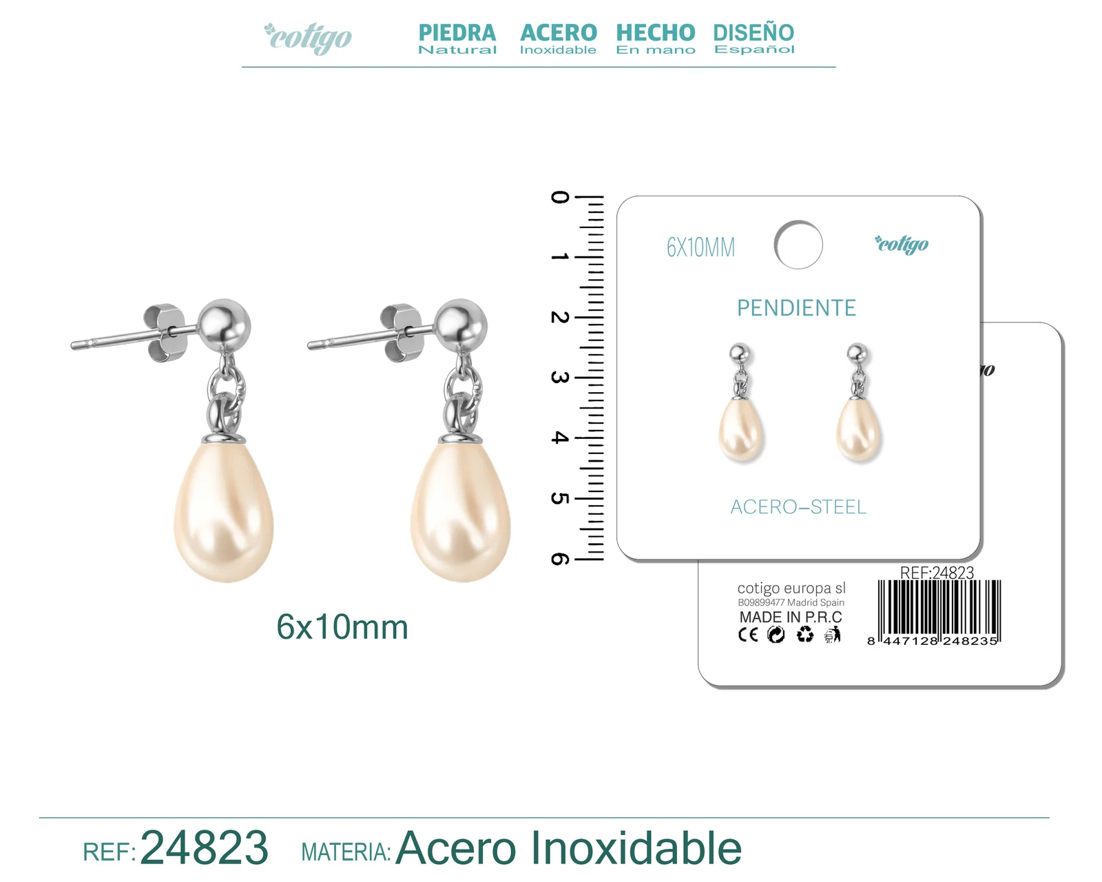 PENDIENTE DE PERLA GOTITA 6X10MM CON ACCESORIO ACERO
